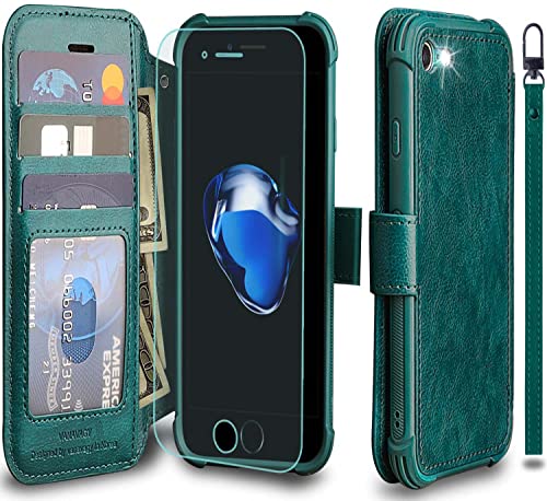 VANAVAGY Handyhülle für iPhone SE 2022/2020 iPhone 8/iPhone 7 Hülle für Frauen und Männer,Leder Flip Case mit Drahtloser Aufladung und RFID-Blockierung für iPhone SE3/SE2 (4,7 Zoll),Mitternachtsgrün von VANAVAGY