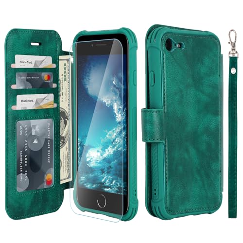 VANAVAGY Handyhülle für iPhone SE 2022/2020 iPhone 8/iPhone 7 Hülle für Frauen und Männer,Leder Flip Case mit Drahtloser Aufladung und RFID-Blockierung für iPhone SE3/SE2 (4,7 Zoll),Mitternachtsgrün von VANAVAGY