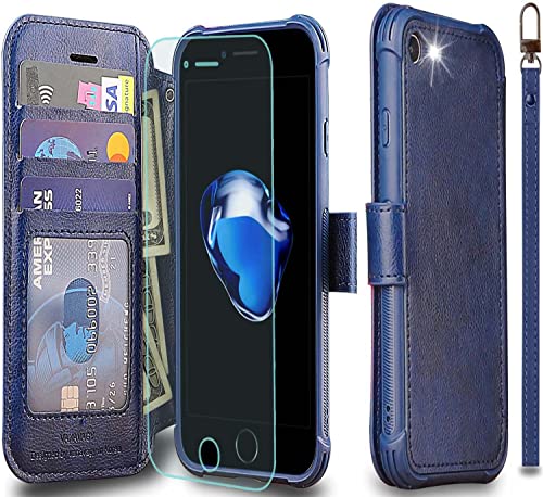 VANAVAGY Handyhülle für iPhone SE 2022/2020 iPhone 8/iPhone 7 Hülle für Frauen und Männer,Leder Stoßfest Flip Case mit Drahtloser Aufladung und RFID-Block für iPhone SE3/SE2 (4,7 Zoll),Marineblau von VANAVAGY