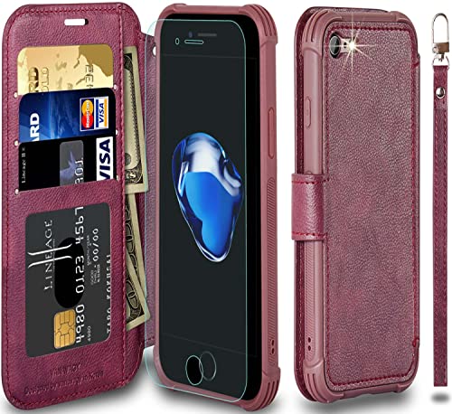 VANAVAGY Handyhülle für iPhone SE 2022/2020 iPhone 8/iPhone 7 Hülle für Frauen und Männer,Leder Stoßfest Flip Case mit Drahtloser Aufladung und RFID-Block für iPhone SE3/SE2 (4,7 Zoll),Burgundisch von VANAVAGY