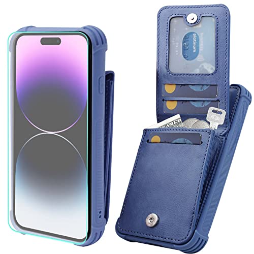 VANAVAGY Kompatibel für iPhone 15 Pro Brieftaschenetui für Frauen und Männer,Leder Magnetverschluss Flip Folio Handyhülle mit Kreditkartenfach und Münzfach,Blau von VANAVAGY