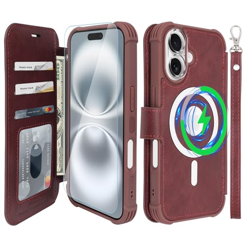 VANAVAGY Kompatibel für iPhone 16 Hülle für Magsafe Drahtlos Aufladen, Leder Flip Folio Handgelenk mit RFID-Blockierung Kartenhalter, Burgundisch VANAVAGY Kompatibel für iPhone 16 Hülle für Magsafe Drahtlos Aufladen, Leder Flip Folio Handgelenk mit RFID-Blockierung Kartenhalter, Burgundisch von VANAVAGY
