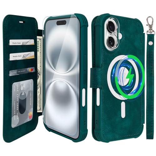 VANAVAGY Kompatibel für iPhone 16 Plus Hülle für Magsafe Drahtlos Aufladen, Leder Flip Folio Handgelenk mit RFID-Blockierung Kartenhalter, Mitternachtsgrün VANAVAGY Kompatibel für iPhone 16 Plus Hülle für Magsafe Drahtlos Aufladen, Leder Flip Folio Handgelenk mit RFID-Blockierung Kartenhalter, Mitternachtsgrün von VANAVAGY