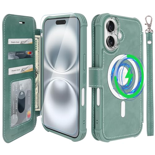 VANAVAGY Kompatibel für iPhone 16 Plus Hülle für Magsafe Drahtlos Aufladen, Leder Flip Folio Handgelenk mit RFID-Blockierung Kartenhalter, Waldgrün VANAVAGY Kompatibel für iPhone 16 Plus Hülle für Magsafe Drahtlos Aufladen, Leder Flip Folio Handgelenk mit RFID-Blockierung Kartenhalter, Waldgrün von VANAVAGY