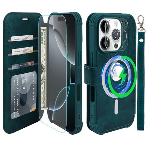 VANAVAGY Kompatibel für iPhone 16 Pro Max Hülle für Magsafe Drahtlos Aufladen, Leder Flip Folio Handgelenk mit RFID-Blockierung Kartenhalter, Mitternachtsgrün VANAVAGY Kompatibel für iPhone 16 Pro Max Hülle für Magsafe Drahtlos Aufladen, Leder Flip Folio Handgelenk mit RFID-Blockierung Kartenhalter, Mitternachtsgrün von VANAVAGY