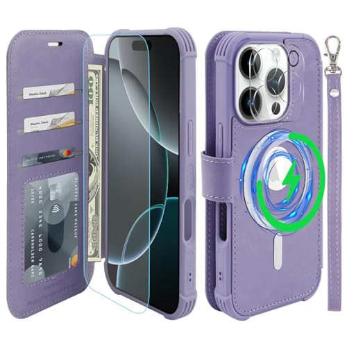 VANAVAGY Kompatibel für iPhone 16 Pro Max Hülle für Magsafe Drahtlos Aufladen, Leder Flip Folio Handgelenk mit RFID-Blockierung Kartenhalter, Nelke Violett VANAVAGY Kompatibel für iPhone 16 Pro Max Hülle für Magsafe Drahtlos Aufladen, Leder Flip Folio Handgelenk mit RFID-Blockierung Kartenhalter, Nelke Violett von VANAVAGY