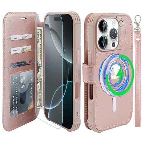 VANAVAGY Kompatibel für iPhone 16 Pro Max Hülle für Magsafe Drahtlos Aufladen, Leder Flip Folio Handgelenk mit RFID-Blockierung Kartenhalter, Roségold VANAVAGY Kompatibel für iPhone 16 Pro Max Hülle für Magsafe Drahtlos Aufladen, Leder Flip Folio Handgelenk mit RFID-Blockierung Kartenhalter, Roségold von VANAVAGY