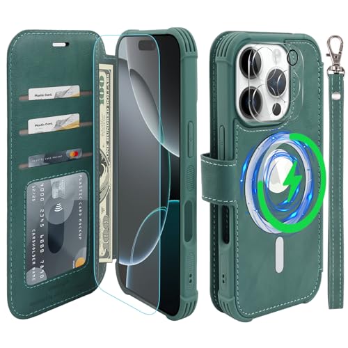 VANAVAGY Kompatibel für iPhone 16 Pro Max Hülle für Magsafe Drahtlos Aufladen, Leder Flip Folio Handgelenk mit RFID-Blockierung Kartenhalter, Waldgrün VANAVAGY Kompatibel für iPhone 16 Pro Max Hülle für Magsafe Drahtlos Aufladen, Leder Flip Folio Handgelenk mit RFID-Blockierung Kartenhalter, Waldgrün von VANAVAGY