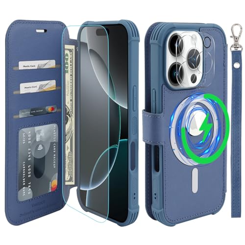 VANAVAGY Kompatibel für iPhone 16 Pro Hülle für Magsafe Drahtlos Aufladen, Leder Flip Folio Handgelenk mit RFID-Blockierung Kartenhalter, Blau VANAVAGY Kompatibel für iPhone 16 Pro Hülle für Magsafe Drahtlos Aufladen, Leder Flip Folio Handgelenk mit RFID-Blockierung Kartenhalter, Blau von VANAVAGY