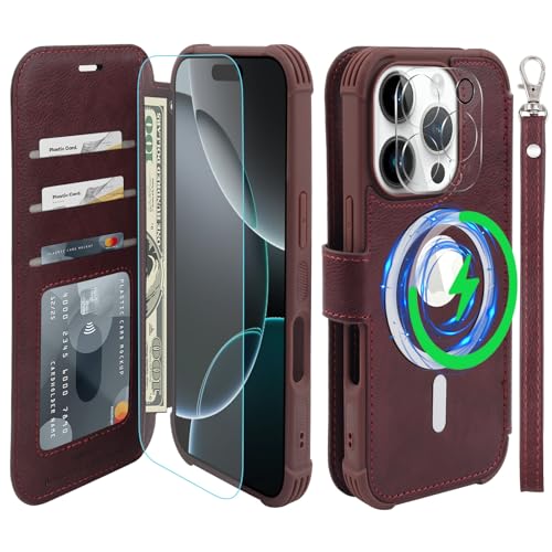 VANAVAGY Kompatibel für iPhone 16 Pro Hülle für Magsafe Drahtlos Aufladen, Leder Flip Folio Handgelenk mit RFID-Blockierung Kartenhalter, Burgundisch VANAVAGY Kompatibel für iPhone 16 Pro Hülle für Magsafe Drahtlos Aufladen, Leder Flip Folio Handgelenk mit RFID-Blockierung Kartenhalter, Burgundisch von VANAVAGY