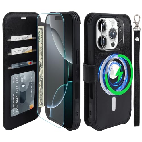 VANAVAGY Kompatibel für iPhone 16 Pro Hülle für Magsafe Drahtlos Aufladen, Leder Flip Folio Handgelenk mit RFID-Blockierung Kartenhalter, Schwarz VANAVAGY Kompatibel für iPhone 16 Pro Hülle für Magsafe Drahtlos Aufladen, Leder Flip Folio Handgelenk mit RFID-Blockierung Kartenhalter, Schwarz von VANAVAGY