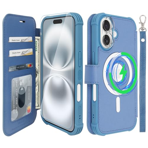 VANAVAGY Kompatibel für iPhone 16 Hülle für Magsafe Drahtlos Aufladen, Leder Flip Folio Handgelenk mit RFID-Blockierung Kartenhalter, Blau von VANAVAGY