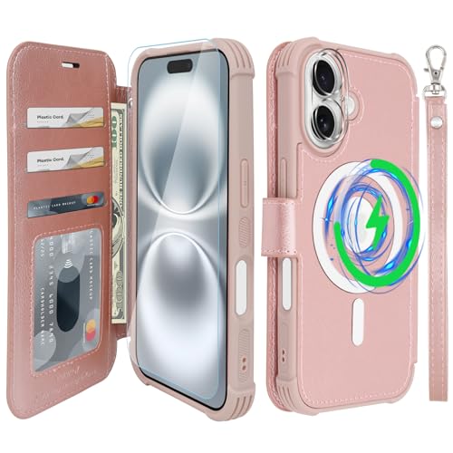VANAVAGY Kompatibel für iPhone 16 Hülle für Magsafe Drahtlos Aufladen, Leder Flip Folio Handgelenk mit RFID-Blockierung Kartenhalter, Roségold von VANAVAGY