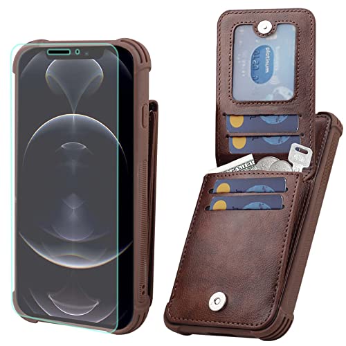 VANAVAGY iPhone 12/12 Pro Brieftaschenetui für Frauen und Männer,Leder Magnetverschluss Flip Folio Handyhülle mit Kreditkartenfach und Münzfach,Braun von VANAVAGY