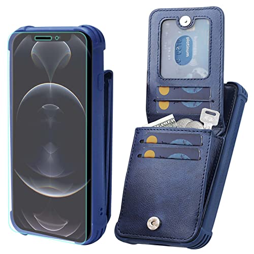 VANAVAGY iPhone 12/12 Pro Brieftaschenetui für Frauen und Männer,Leder Magnetverschluss Flip Folio Handyhülle mit Kreditkartenfach und Münzfach,Marineblau von VANAVAGY