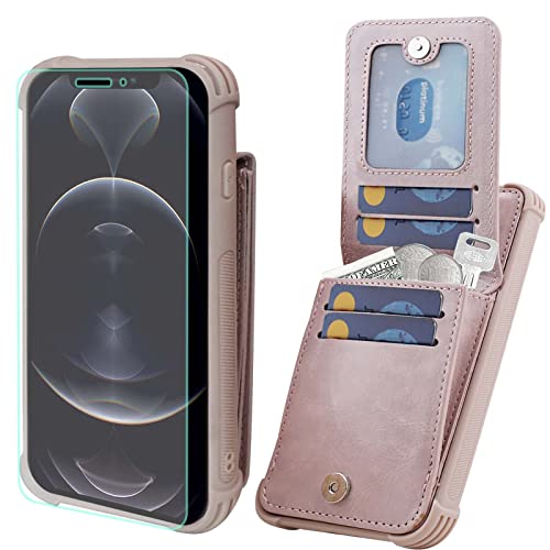 VANAVAGY iPhone 12/12 Pro Brieftaschenetui für Frauen und Männer,Leder Magnetverschluss Flip Folio Handyhülle mit Kreditkartenfach und Münzfach,rosa von VANAVAGY