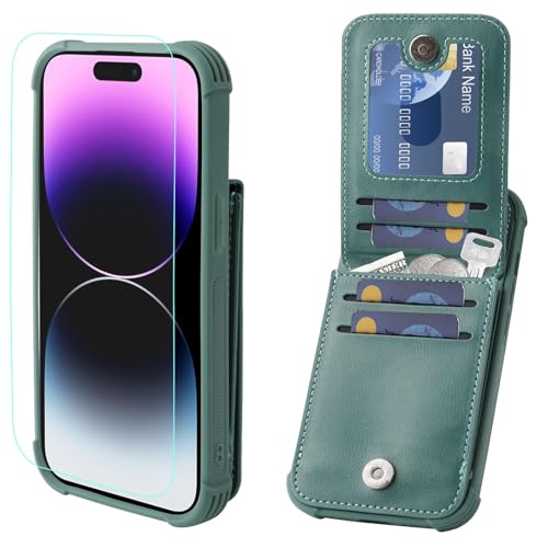 VANAVAGY iPhone 15 Brieftaschenetui für Frauen und Männer,Leder Magnetverschluss Flip Folio Handyhülle mit Kreditkartenfach und Münzfach,Waldgrün von VANAVAGY