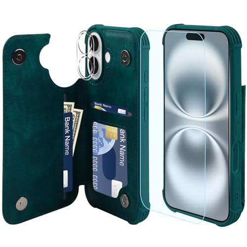 VANAVAGY iPhone 16 Geldbörse Fall für Frauen und Männer, Leder Flip Folio Telefon Abdeckung passt magnetische Autohalterung mit Kreditkarteninhaber, Mitternachtsgrün von VANAVAGY