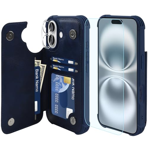 VANAVAGY iPhone 16 Plus Geldbörse Fall für Frauen und Männer, Leder Flip Folio Telefon Abdeckung passt magnetische Autohalterung mit Kreditkarteninhaber, Marineblau von VANAVAGY