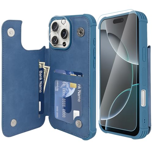 VANAVAGY iPhone 16 Pro Geldbörse Fall für Frauen und Männer, Leder Flip Folio Telefon Abdeckung passt magnetische Autohalterung mit Kreditkarteninhaber, Blau von VANAVAGY