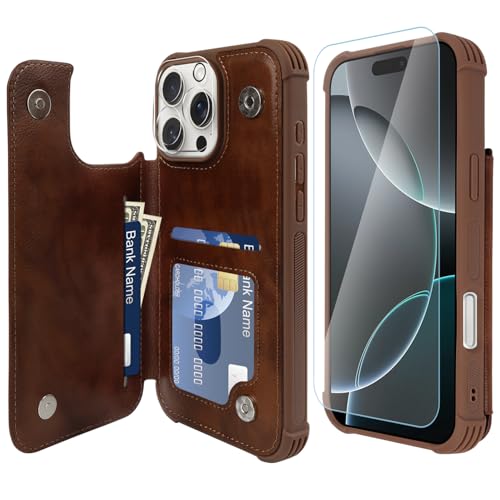 VANAVAGY iPhone 16 Pro Geldbörse Fall für Frauen und Männer, Leder Flip Folio Telefon Abdeckung passt magnetische Autohalterung mit Kreditkarteninhaber, Braun von VANAVAGY