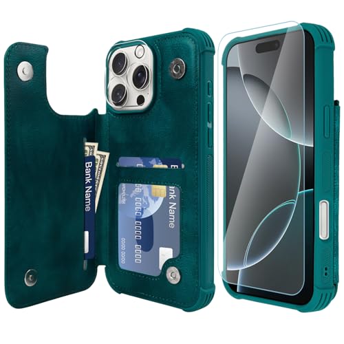 VANAVAGY iPhone 16 Pro Geldbörse Fall für Frauen und Männer, Leder Flip Folio Telefon Abdeckung passt magnetische Autohalterung mit Kreditkarteninhaber, Mitternachtsgrün von VANAVAGY
