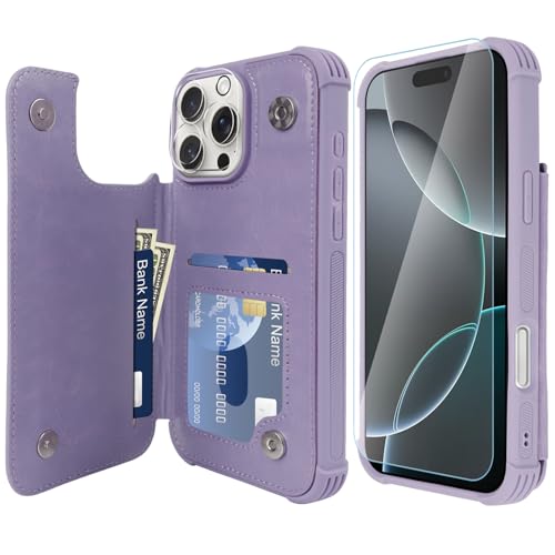 VANAVAGY iPhone 16 Pro Geldbörse Fall für Frauen und Männer, Leder Flip Folio Telefon Abdeckung passt magnetische Autohalterung mit Kreditkarteninhaber, Nelke Violett von VANAVAGY
