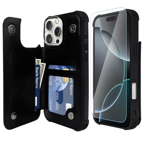 VANAVAGY iPhone 16 Pro Geldbörse Fall für Frauen und Männer, Leder Flip Folio Telefon Abdeckung passt magnetische Autohalterung mit Kreditkarteninhaber, Schwarz von VANAVAGY