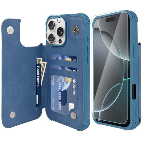 VANAVAGY iPhone 16 Pro Max Geldbörse Fall für Frauen und Männer, Leder Flip Folio Telefon Abdeckung passt magnetische Autohalterung mit Kreditkarteninhaber, Blau von VANAVAGY