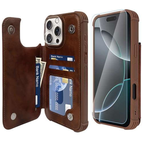 VANAVAGY iPhone 16 Pro Max Geldbörse Fall für Frauen und Männer, Leder Flip Folio Telefon Abdeckung passt magnetische Autohalterung mit Kreditkarteninhaber, Braun von VANAVAGY