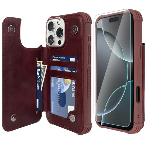 VANAVAGY iPhone 16 Pro Max Geldbörse Fall für Frauen und Männer, Leder Flip Folio Telefon Abdeckung passt magnetische Autohalterung mit Kreditkarteninhaber, Burgundisch von VANAVAGY