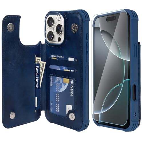 VANAVAGY iPhone 16 Pro Max Geldbörse Fall für Frauen und Männer, Leder Flip Folio Telefon Abdeckung passt magnetische Autohalterung mit Kreditkarteninhaber, Marineblau von VANAVAGY