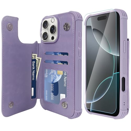 VANAVAGY iPhone 16 Pro Max Geldbörse Fall für Frauen und Männer, Leder Flip Folio Telefon Abdeckung passt magnetische Autohalterung mit Kreditkarteninhaber, Nelke Violett von VANAVAGY