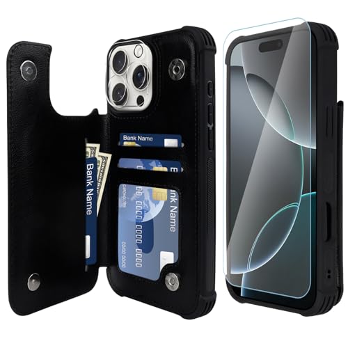 VANAVAGY iPhone 16 Pro Max Geldbörse Fall für Frauen und Männer, Leder Flip Folio Telefon Abdeckung passt magnetische Autohalterung mit Kreditkarteninhaber, Schwarz von VANAVAGY