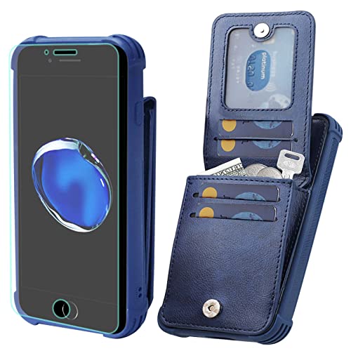 VANAVAGY iPhone SE2/SE3 2022/2020 Tasche,iPhone 8/iPhone 7 Brieftaschenetui für Frauen und Männer,Leder Magnetverschluss Flip Folio Handyhülle mit Kreditkartenfach und Münzfach, Marineblau von VANAVAGY