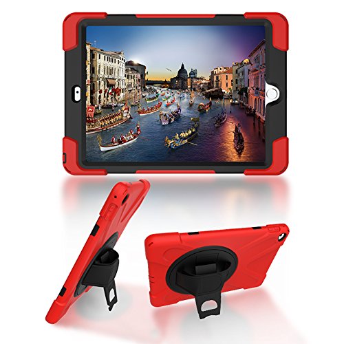 vanfoo iPad 6 Fall, der Robuste Schutzhülle mit 360 Grad Drehbar Ständer, Griff Hand Grip & Schultergurt, für Apple Tablet Air 2 nd Gen Cover Haut für Kinder Mädchen Jungen Rot von VANFOO