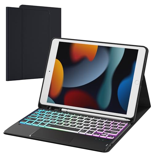 Schutzhülle mit Tastatur für iPad 9 Generation 10.2: Tastatur mit Hintergrundbeleuchtung mit 3 Zonen und 7 Farben, mit Trackpad, spanische Tastatur, QWERTY-Hülle für iPad 9. Generation 2021/8. Gen/7. von VANKEYPAD