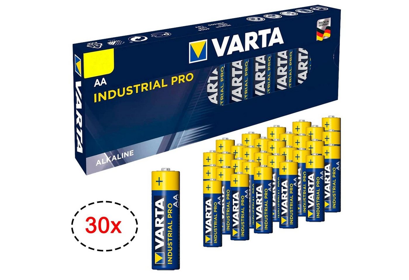 VARTA 30er Pack AA Industrial Alkaline Mignon Batterie, (1,5 V, 30 St), Made in Germany Batterien 1,5V für Taschenlampe Spielzeug Wand Uhr von VARTA