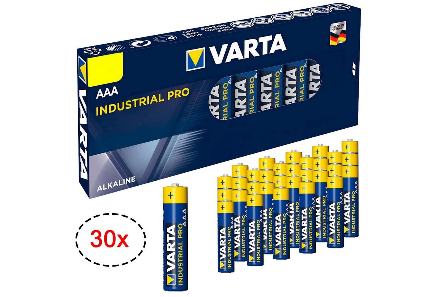 VARTA 30er Pack AAA Industrial Alkaline Micro Batterie, (1,5 V, 30 St), Made in Germany Batterien 1,5V für Taschenlampe Spielzeug Wand Uhr von VARTA