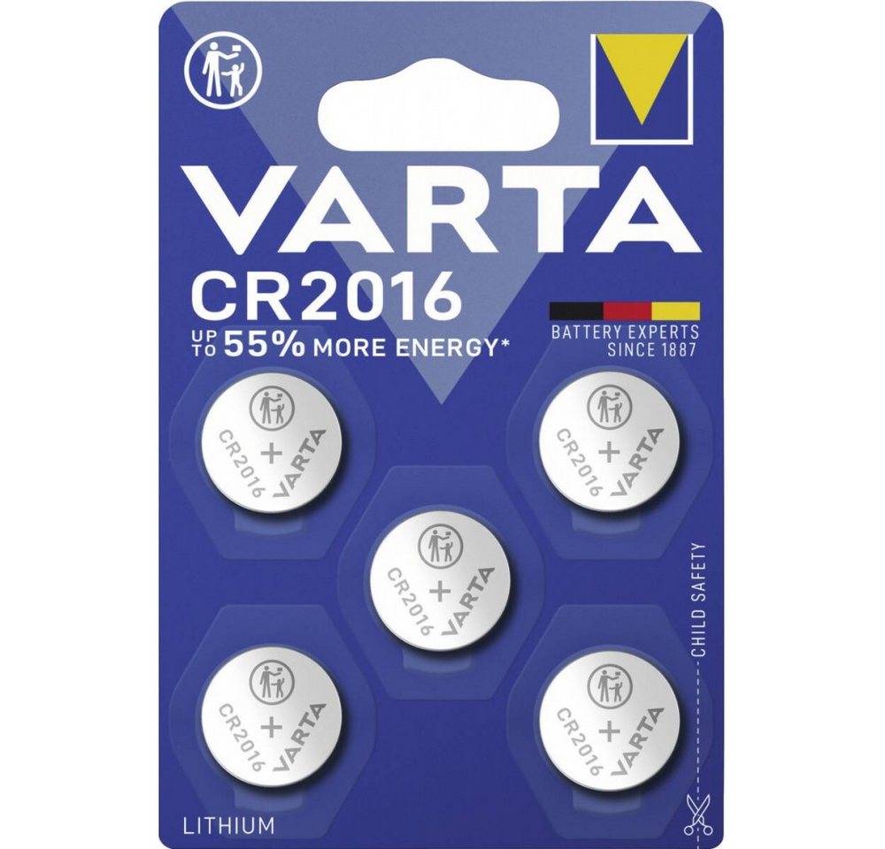 VARTA Varta CR 2016 Knopfzellen-Batterie 5er Pack für Elektronik. Akku Varta CR 2016 Knopfzellen-Batterie (3 Volt V), Leistungsstarke Lithium-Technologie von VARTA
