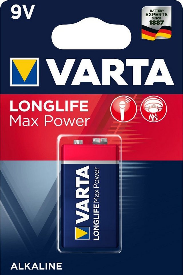 VARTA Varta Longlife Max Power 9V Block 6LR61 Batterie, Alkaline E-Block Batterien ideal für Feuermelder Rauchmelder Stimmgerät (1er Pack) Batterie von VARTA
