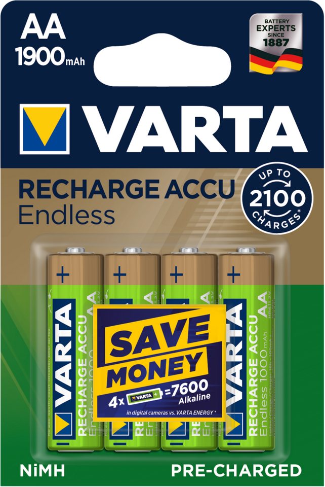 VARTA Wiederaufladbare AA Akkus 1900 mAh – 4er Pack, geringe Akku-Set VARTA Wiederaufladbare AA Akkus 1900 mAh – 4er Pack, geringe Akku-Set von VARTA