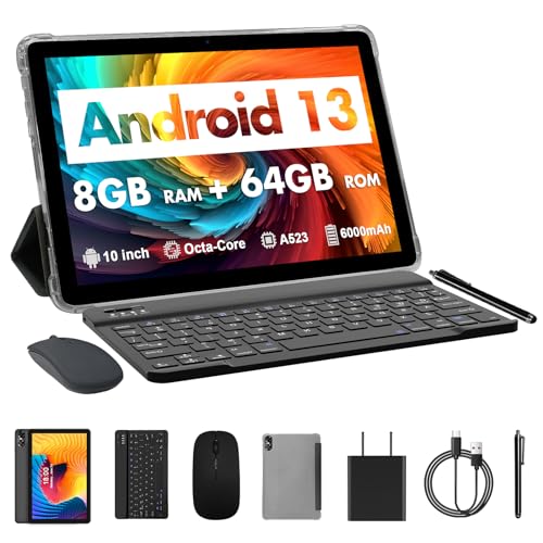 VASOUN Android 13 Tablet, 25,4 cm (10 Zoll), 8 GB (4 + 4 GB Erweiterung) RAM, 64 GB Speicher, 1 TB erweiterbar, 2.4/5G WiFi, BT 5.0, Lederhülle, Tastatur, Maus, Stylus enthalten (Grau) von VASOUN