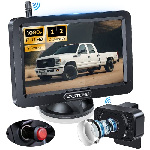 VASTEND Rückfahrkamera Kabellos HD 1080P Autokamera, 5'' Monitor, Split Bildschirm 2 Kanäle Einparkhilfe, Wasserdichtes Nachtsicht Rückfahrkamera-Set für Auto LKW Wohnmobil Lieferwagen Anhänger, V02 von VASTEND