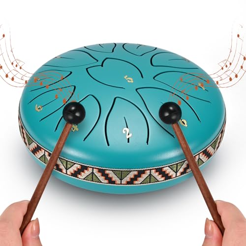 VAYOTOY Zungentrommel 6 Zoll 11 Noten C-Key Tongue Drum Stahlzungentrommel Percussion Instrument Handpan Drum mit Tragetasche, Musikbuch, Schlägel, Fingerpicks für Geschenke, Meditation (Blau) von VAYOTOY