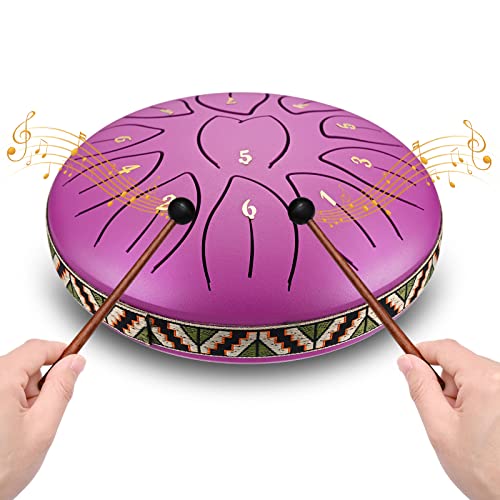 VAYOTOY Zungentrommel 6 Zoll 11 Noten C-Key Tongue Drum Stahlzungentrommel Percussion Instrument Handpan Drum mit Tragetasche, Musikbuch, Schlägel, Fingerpicks für Geschenke, Meditation (Lila) von VAYOTOY