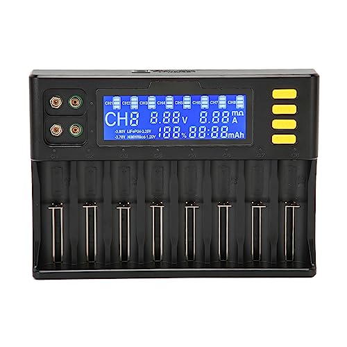 18650-Akkuladegerät, 8-Schacht-Smart-Ladegerät mit LCD-Display, mit Autoadapter, für Li Ion IMR ICR NiMH Cd 18650 21700 26650 18350 14500 10440 Akku (EU-Stecker) von VBESTLIFE