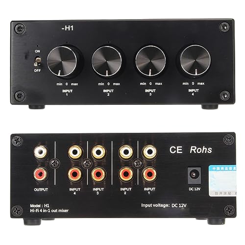 HiFi 4 IN 1 Out Cinch-Stereo-Mixer, 4-Wege-Cinch-Stereo-Audio-Schalter für CD-Player, Computer und Plattenspieler, Zweikanal, Einstellbare Lautstärke (EU-Stecker) von VBESTLIFE