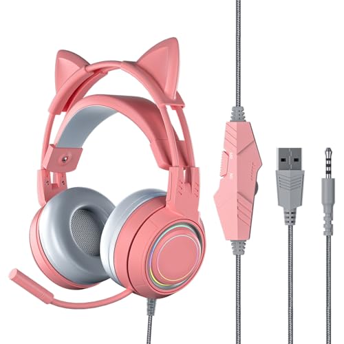 VBESTLIFE Katzenohr-Kopfhörer mit Geräuschunterdrückendem Mikrofon, Kabelgebundenes Over-Ear-Gaming-Headset mit Abnehmbaren Katzenohren, für PC, für One, für, für PS5 (PIN von VBESTLIFE