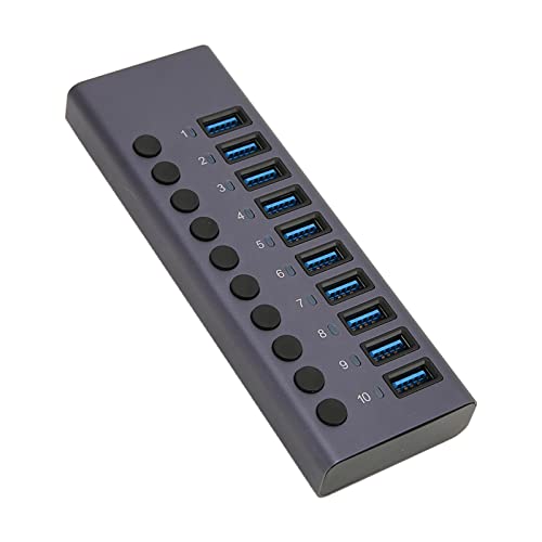 VBESTLIFE Powered USB Hub, 10 Ports Aluminium USB Port Hub Expender, USB C Hub Splitter mit Individuellem EIN-Aus-Schalter für Laptop, PC, HDD von VBESTLIFE